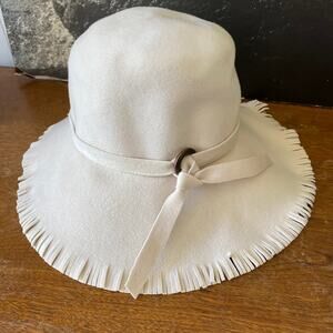 Vintage Cream Felted Sun Hat Wide Brim Fringe Union Made Henry Pollack